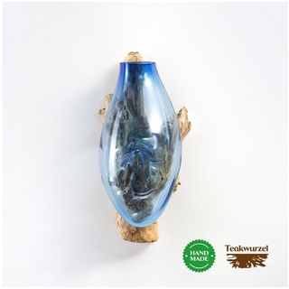 Rikmani Dekovase Deko Wandvase auf Teakholzwurzel Schmelzvase Moderne Designer Vase aus Glas Wanddekoration aus Glas Blumenvase Geschenk DULCIA, Kombination aus Glas und Holz blau