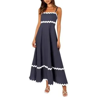 COALHO Spaghetti Strap Dresses for Women 2024 Summer Beach Color Block Smocked Tiered Skirt Maxi Dresses (Indigo-04,S)