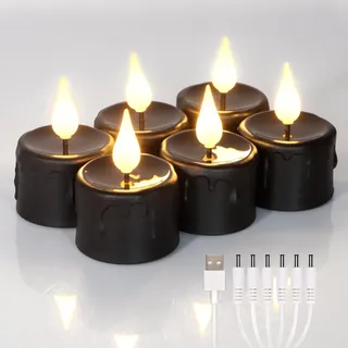 FREEPOWER 6er Schwarze LED Teelichter mit Timer (6-Stunden), Flackern Warmweißes Licht, Elektrische Wiederaufladbare Kerzen mit USB Kabel, Keine Fernbedienung, Halloween Weihnachten Deko, Ø4 x 5.5cm