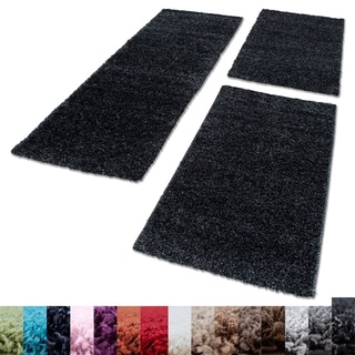 Unbekannt Shaggy Hochflor Teppich Carpet 3TLG Bettumrandung Läufer Set Schlafzimmer Flur, Farbe:Anthrazit, Bettset:2x60x110+1x80x150