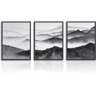 Dazzlewall Misty Mountain fürest Kunstdrucke Poster Schwarz Weiß Berg Landschaft Wandbilder für Schlafzimmer Wohnzimmer Dekor 30X40 cm Ohne Rahmen 3er Set