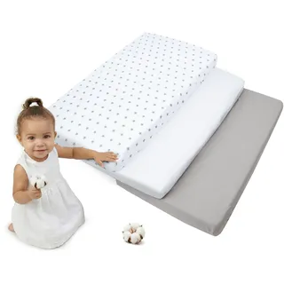 Medi Partners Spannbettlaken 60x120 3-Pack Baby Bettlaken Kinderbett Spannbetttuch 100% Baumwolle - Fitted Kinder Sheet Bettwäsche Babymatratze Schlafsack Babybett (Graue Sterne-Weiß-Graue)