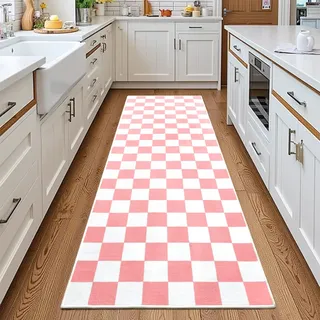 Terrug Rosa und Weiß karierter Teppich für die Küche, 60 x 180 cm, Läufer waschbar mit rutschfester Unterseite für Schlafzimmer, weich, niedriger Flor, schmutzabweisend, Retro-Teppich für