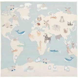 Lindorug Kinderteppich Living Zoonia, waschbar, Creme, Mehrfarbig, Pastellblau, Textil, Weltkarte, quadratisch, 120x120 cm, Oeko-Tex® Standard 100, für Fußbodenheizung geeignet, rutschfest, in verschiedenen Größen erhältlich, wasserabweisend, schmutzabweisend, Hausstauballergiker feuchtraumgeeignet, stuhlrollengeeignet, waschbar, pflegeleicht, strapazierfähig, reißfest, rutschfeste Unterfläche, vegan, Teppiche & Böden, Teppiche, Waschbare Teppiche