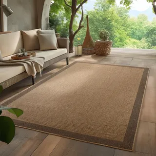 HomebyHome Outdoor Teppich 280x370 cm XXL Wetterfest Pflegeleicht Jute Natur Optik Bordüre Design für Wohnzimmer Esszimmer Schlafzimmer Terrasse Balkon