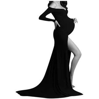 QIUhhpuy Maxi-Schwangerschaftskleider für Fotoshootings Schwangere Damen Geteilte Umstandskleid Elegante Fotografie Requisiten Mutterschaft Schulterfreies Hochzeit Abendkleid Umstandsmode - XL