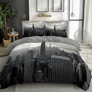 Cremefarben Bettwäsche 135x200 cm Großstadt New York Empire State Building 3teilig Bettbezüge Set Wende Bettwäsche aus Polyester Baumwolle mit Reißverschluss, Bettwäsche-Sets Weich und Bügelfrei