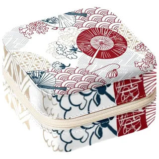 Eslifey Tragbare Reise Mini Schmuckschatulle Rot Blau Fächer Blume Japanisches Muster Kleine Schmuckschatulle für Frauen Leder Ring Organizer