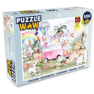 MuchoWow Puzzle Einhorn - Regenbogen - Kinder - Mädchen - Auto, 500 Puzzleteile, Foto-Puzzle, Bilderrätsel, Puzzlespiele, Spielzeug 34 cm x 48 cm x 2 cm | Querformat
