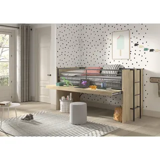 Funktionsbett 90x200 Halbhochbett Spielbett Jugendbett Schreibplatte Eichefarbig