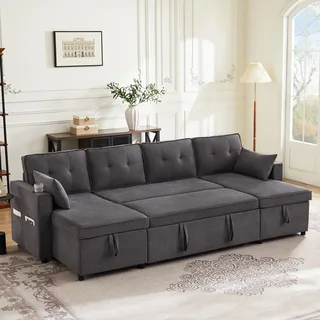 Merax Sofa Ecksofa mit Schlaffunktion, Schlafsofa mit Bettkasten und extra großem Stauraum, U-Form - Couch für Wohnzimmer/Schlafzimmer, Big Sofa, Grau