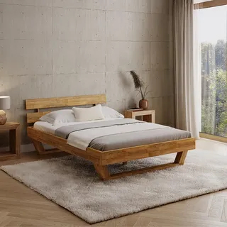 skølm Nornir Massivholzbett 140x200 cm, Bett mit Kopfteil, Massivholz Eiche | Bettrahmen mit 2 Streben & Kufen Bettbeine, aus Massivholz, Holzbett hochwertig, Bettgestell geölt, geeignet als Doppelbett