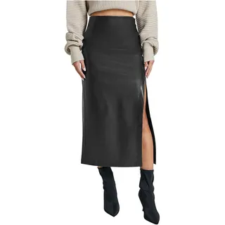 MAOAEAD Damen Kunstleder Midi Rock, Lange Lederröcke für Damen, Hoch tailliert Wickel Zip Hinten Leder Bleistiftrock mit Schlitz