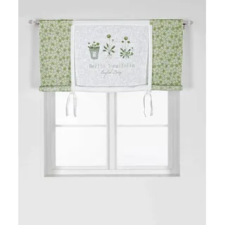 Scheibengardine Raff Gardine Raffrollo Vorhang 'Bellis' 140 x 100 cm (BxH) weiß mit Blumenmuster-Aufdruck in grün grau Baumwolle Skandinavisch Landhaus Shabby French Vintage Retro Antik Nostalgie