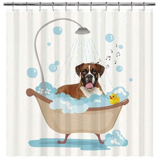 BAGEYOU Lustiger Hund Boxer Hund in Badewanne Duschvorhänge Niedlicher Welpe Taking A Shower Wasserdicht Polyester Stoff Badezimmer Vorhang 168 x 183 cm mit 12 Haken