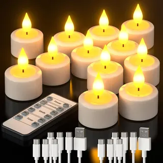 LED Teelichter Wiederaufladbar mit Fernbedienung, PChero 12 Stk. LED Flackernde Flammenlose Kerzen mit Batterie und Timerfunktion für Halloween Silvester Saisonale Deko Weihnachten