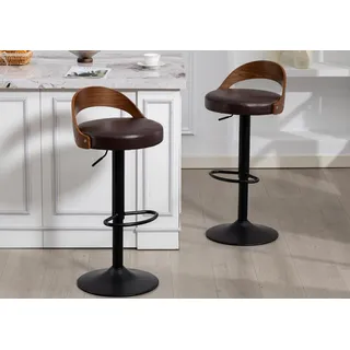 LVHOM Barhocker 360° drehbarer, höhenverstellbarer Barstühle mit Fußstütze,2er Set (PU-Leder, geschwungene Rückenlehne aus Holz, atmungsaktiv und komfortabel, runder Fuß (42,5 cm Durchmesser), Tragkraft 150 kg), ideal für Wohnzimmer, Küchen, Bars, Balkone, Partys, Cafés und Kneipen braun