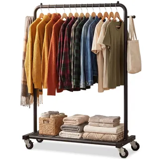 Sywhitta Kleiderständer auf Rädern, Kleiderständer mit Netz-Ablage, stabiler Metallrahmen, rollender Kleiderständer zum Aufhängen von Kleidung, Mänteln, Röcken, 101 cm Lx40.6 cm Bx164 cm H, schwarz