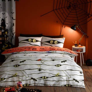 Bedlam - Halloween-Kinder-Bettwäsche-Set, leuchtet im Dunkeln – Mumie – Einzelbett-Set in Weiß