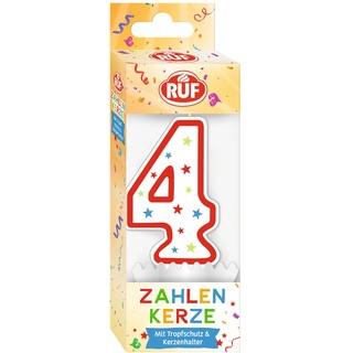 RUF Zahlenkerze Nummer 4, rote Geburtstags-Kerze mit bunten Sternchen, hochwertige Jubiläums-Kerze mit Tropfschutz, ideal als Kuchen Deko, 1 Stück