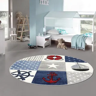Kinderteppich Spielteppich Junge Teppich Maritim kariert in blau Creme grau Größe 160 cm Rund