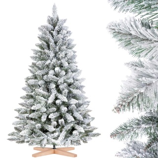 FairyTrees Weihnachtsbaum künstlich 150cm FICHTE mit Christbaum Holzständer | Tannenbaum künstlich mit Natur-Weiss Schneeflocken | Made in EU