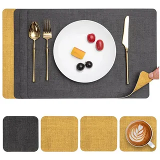 LuxusKollektion Platzset Tischsets abwaschbar Kunstleder rutschfest Grau Gelb 4er Set