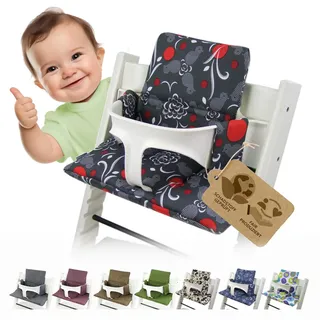 BambiniWelt Ersatzbezug Tripp Trapp – Sitzkissen-Set kompatibel, Stokke Hochstuhl, extra weich, waschbar & langlebig, 2-teiliges Kissen - Klettverschluss, Farbe: grau rot Vögel