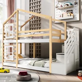 FAVSH Etagenbett Hochbett 90 x 200 cm, Kinderbett mit Ecktreppe und Fallschutz, Hausbett mit Stauraumtreppe 90 x 200 cm, Hochbett für 2 Kinder, 2X Lattenrost, Stockbett Jugendbett, Weiß+Natur