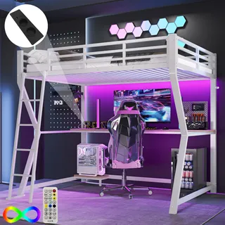 Hochbett 90×200 Metallbett Kinderbett Mit Fernbedienbarem Ambientelicht&computerkonsolenablage,steckdose+usb, Geländer, Treppe, Ohne Matratze,weiß