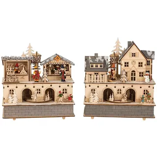 LED Holzstadt 23,5 cm beleuchtet Weihnachten Musik Fensterdeko batteriebetrieben