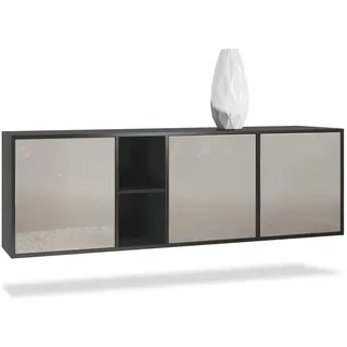 Vladon Sideboard Cuba (Kommode, mit 3 Türen und 2 offene Fächer), Schwarz matt/Sandgrau Hochglanz (182 x 53 x 35 cm) grau