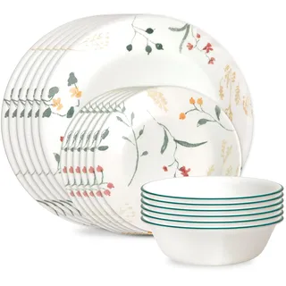Corelle Vitrelle 18-teiliges Geschirrset aus Glas für 6 Personen, dreilagig, splitter- und rissfest, Glasteller und Schüssel-Sets, Wildblume