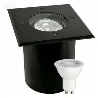 JNR Edelstahl Bodeneinbaustrahler Aussen Schwenkbar LED GU10 5W 3000K Warmweiß Glühbirne, IP67 230V Wasserdicht Bodenleuchten Außen, Quadratisch Bodenstrahler Befahrbar für Garten,Wegen,Schwarz