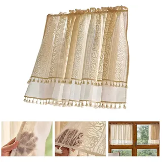BTTO V&G Scheibengardine Kurze Fenster Gardinen Vorhänge,Bistrogardine,Beige mit Quasten, (1 St), Boho Fransen/W-Muster Spitzenfransen/Doppellagige Spitzenfransen 76 cm x 61 cm