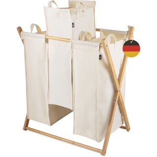 Hennez Wäschesammler XXL - Wäschekorb 3 Fächer - Wäschesortierer Wäschebox - Holz - Wäschetrenner Beige - Wäsche Sortiersystem Bambus - Wäschkorb - Laundry Basket