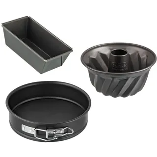 Zenker 9991850 Mini-Förmchen Set mit 3 Kuchenformen, Gugelhopfform, Springform, Edelstahl, Schwarz, 15 x 5,5 x 8,5 cm, 18 cm, 16 cm