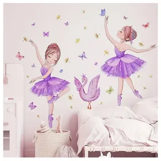 Montegoni Wandsticker Ballett Mädchen & Schmetterlinge Prinzessin Schwan (Künstlerische Wanddeko für Kinderzimmer, Mädchenzimmer Wandtattoo), selbstklebend lila