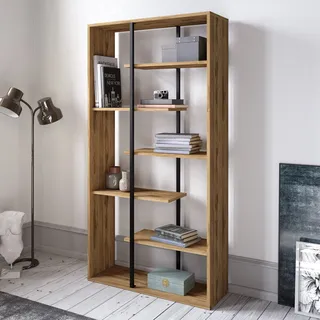 Hanah Home Modern Industrial Bookshelf, Walnut & Black, 90 x 173.2 x 29.5 cm | 100% Melamine Coated Particle Board & Metal | Wall-Mountable, Stylish Storage Solution