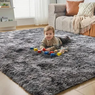 CHOSHOME Teppich Wohnzimmer Shaggy Hochflor Langflor Teppich Kinderzimmer Modern Bunte Batik Jugendzimmer Flauschig Teppiche Groß, Dunkelgrau/Schwarz 150 x 240CM