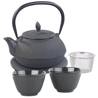 Asiatische Teekanne, Untersetzer und 2 Becher aus Gusseisen, schwarz