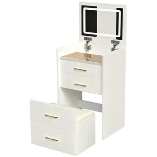 MC Star Schminktisch 3-in-1 mit offenem Spiegel, kleines Schminktisch-Set (Schlafzimmer-Schminktisch,Maße:B60/H118/T40 cm, kompakter Schminktisch mit 3 Schubladen), mit Tischplatte aus Klarglas weiß