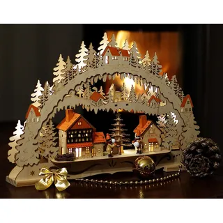 Wichtelstube-Kollektion Holzkunst LED Schwibbogen Weihnachtsstadt Schwippbogen Lichterbogen, Weihnachtsdeko Fensterbank Echtholz, Batteriebetrieben mit Timer, 44cm Breite