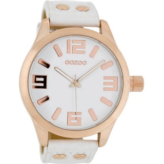 OOZOO Quarzuhr Oozoo Quarz-Uhr Damen rose Timepieces, Damenuhr Lederarmband weiß, rundes Gehäuse, extra groß (ca. 46mm) weiß