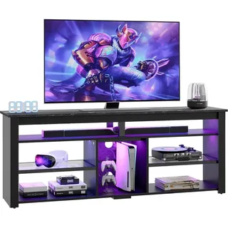 Bestier Lowboard TV-Schrank, Sideboard, Gaming-TV-Board mit LED-Beleuchtung - Schwarzer Marmor-Look (Breite 160 cm TV-Tisch, 1 Stück, TV-Ständer für 55/60/65/70 Zoll Fernseher, mit 366 dynamischen Modi LED), Medien-TV-Schrank mit verstellbarem Regal, Weißer Marmor/Schwarz