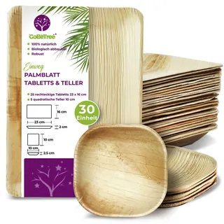 GoBeTree 30 Palmblatt Teller Palmblatt Geschirr Ähnlich Bambus Teller - 25 rechteckige Einweg-Tabletts 23 x 16 cm und 5 quadratische 10 cm Rustikale Holzoptik für Grillpartys und Geburtstag