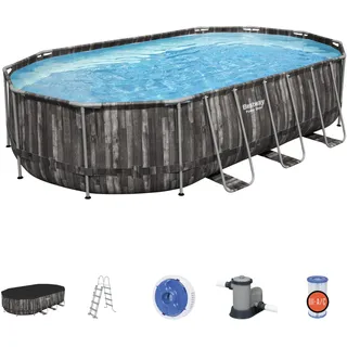 Bestway Power Steel Frame Pool Komplett-Set mit Filterpumpe 610 x 366 x 122 cm , Holz-Optik (Mooreiche), oval