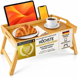 Klappbares Frühstückstablett aus edlem Bambus Holz – XXL Betttablett Serviertablett mit Füßen für Bett, Couch & Sofa (70x45x25cm) - Braun