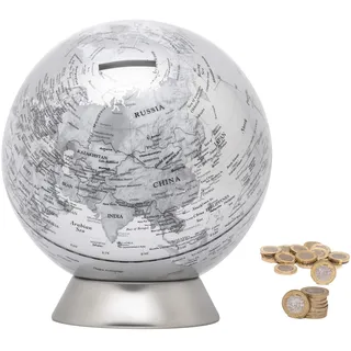 Exerz Globus Spardose/Sparbüchse/Sparschwein -Durchmesser 16 cm - Zeitgenössisch Metallisch Aussehen, Pädagogisch, Für Schule, Zuhause, Bürodekoration - Karte in Englisch - Silber