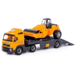 Polesie Spielzeug LKW-Tieflader 36902, Anhänger, Straßenwalze, 86,5 cm lang orange